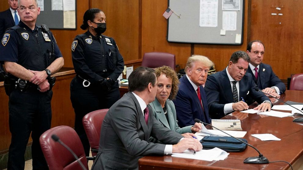 PHOTO: In this April 4, 2023, file photo, former President Donald Trump sits at the defense table with his defense team in a Manhattan court, in New York.