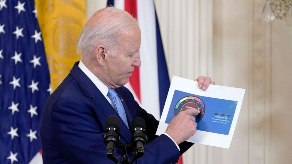 PHOTO: President Joe Biden holds a paper showing an air quality level for Washington as he speaks about Canada's wildfires during a news conference in the East Room of the White House in Washington, D.C., on June 8, 2023.