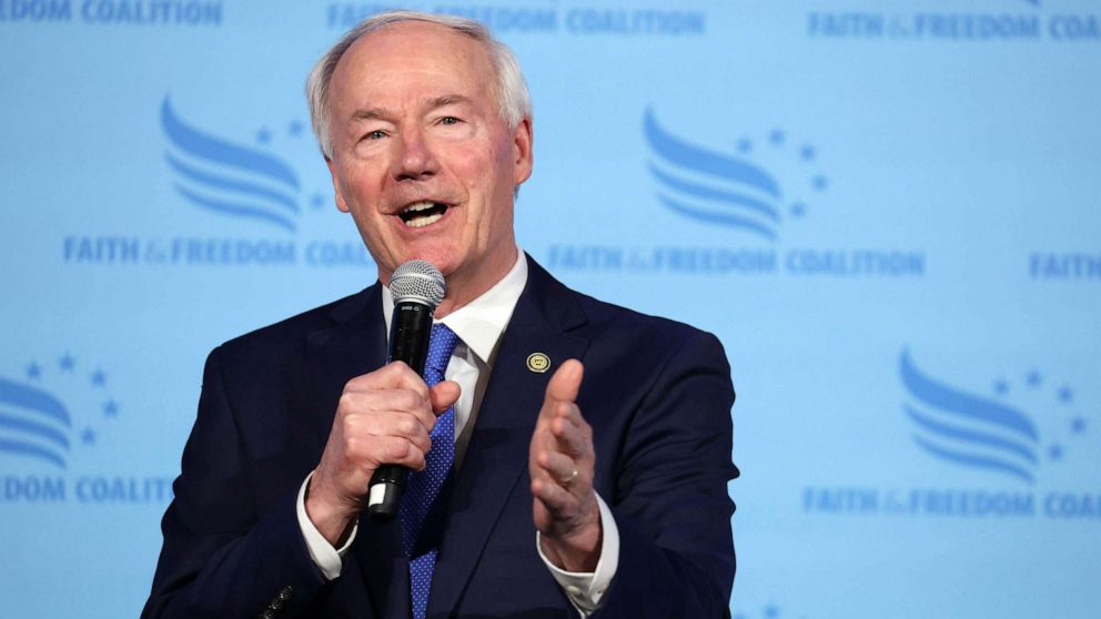 PHOTO: FILE - Republican presidential candidate former Arkansas Governor Asa Hutchinson speaks to guests at the Iowa Faith & Freedom Coalition Spring Kick-Off, April 22, 2023 in Clive, Iowa.