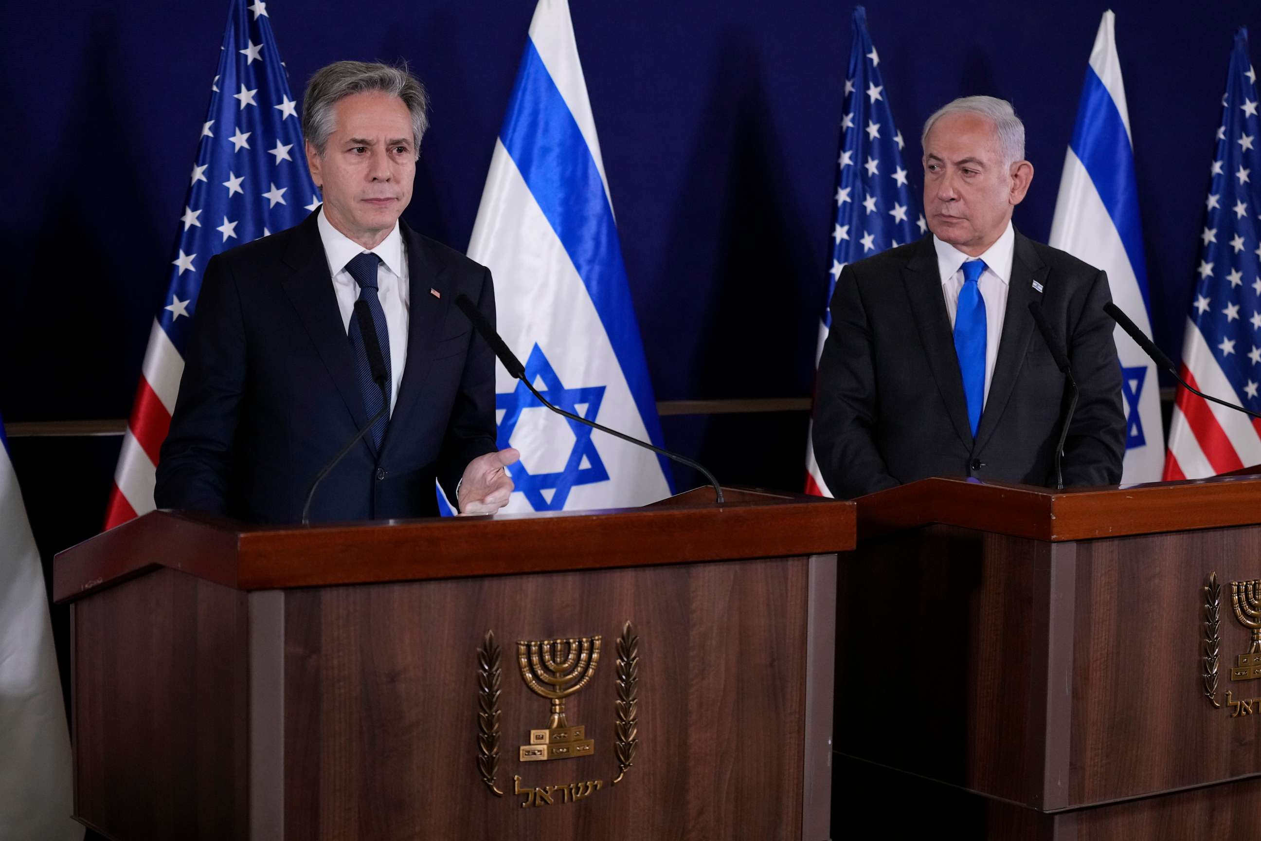 PHOTO: U.S. Secretary of State Antony Blinken, left, and Israel's Prime Minister Benjamin Netanyahu make statements to the media inside The Kirya, which houses the Israeli Ministry of Defense, after their meeting in Tel Aviv, Oct. 12, 2023. 