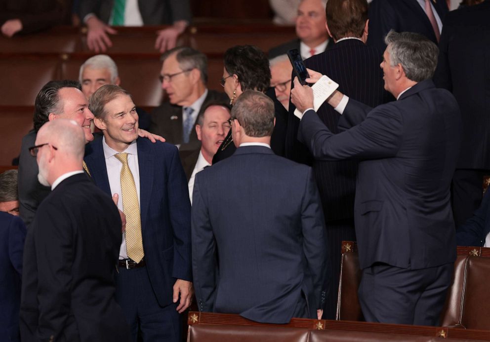 PHOTO: Rep. Jim Jordan interacts with fellow members as the House of Representatives prepares to vote on a new Speaker of the House at the Capitol Building, Oct. 17, 2023.