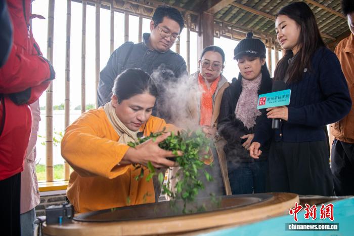 中国侨网11月18日,来自泰国、柬埔寨、老挝等国家和地区的媒体人,在广西来宾市象州县学习古琶茶制作、茶礼等,体验中国茶文化。象州种茶历史悠久,是唐代陆羽所著《茶经》中记载的岭南主产茶区。图为广西壮族自治区非物质文化遗产代表性项目古琶茶制作技艺代表性传承人冯康玲演示炒茶。中新社记者 翟李强 摄